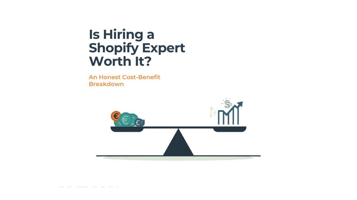 Is hiring a Shopify expert worth it: cost-benefit illustration with a balance scale weighing cost against growth